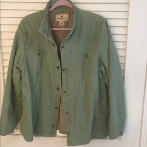 Woolrich Green Snap Front Double Upper Pockets Quilt Inside Tan Lined Jacket